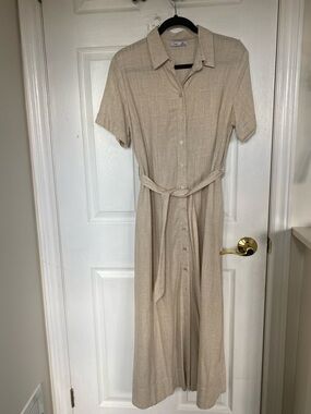 Dex Beige Button-Front Midi Shirt Dress
